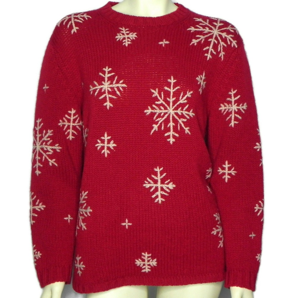 Eddie Bauer Wool Sweater Red Snowflakes